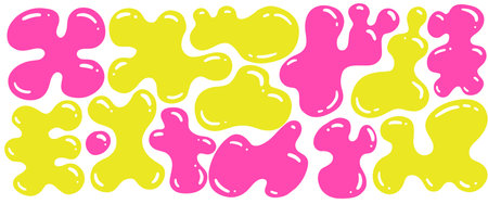 Random amoeba shapes set. Organic y2k neon color blobs of irregular soft shape. Abstract blotch, inkblot and pebble silhouettes, simple liquid amorphous splodge elements. Minimal bubble vectorのイラスト素材