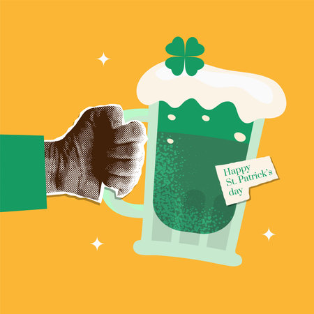 Retro halftone paper hand holding green beer for Patricks day. Vector vintage collage illustration of beer mug for Patricks party.のイラスト素材