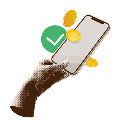 y2k Halftone Collage Hand with Phone and Floating 3d render Coins. Successful Online Payment concept. Financial planning. Save money. Metaphor Earn and pay composition. Vector contemporary artのイラスト素材