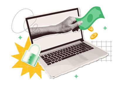 Trendy Halftone Safe Online Payments Halftone Collage. Hand from computer monitor holds money. Financial transactions and investments. Currency exchange concept. Y2k vector illustrationのイラスト素材