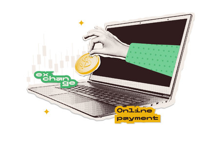 Halftone collage with investing or crowd funding concept. Vintage papers stickers with online payment metaphor. Hand with gold dollar sticking out of laptop screen. Vector illustrationのイラスト素材