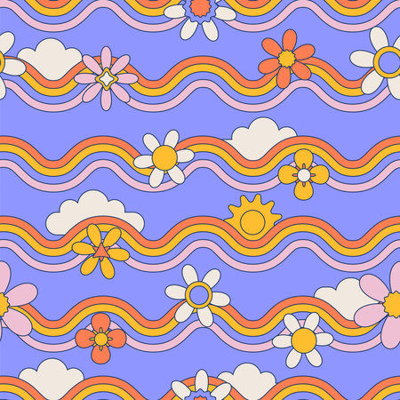 Seamless pattern with daisy flower, clouds and wavy rainbow on blue sky background vector illustration. Groovy hippie summer background.のイラスト素材