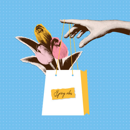 Halftone hand holding paper bag with tulip flowers. Spring vibes card Modern vector illustration can used t-shirt print, web emblem. Retro dotted texture art.のイラスト素材