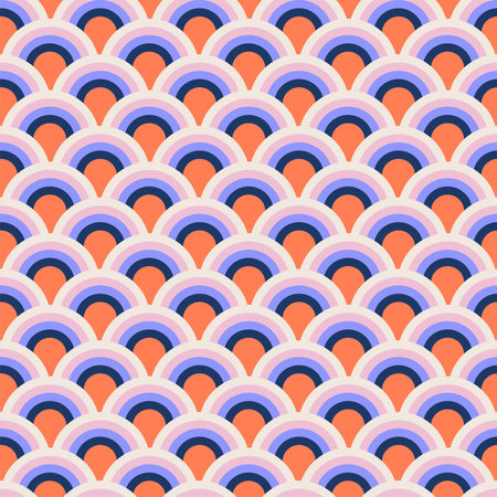 Fish scale abstract geometric groovy seamless pattern. Colorful striped half circles 70s style nostalgic retro background. Summer flat vector illustration.のイラスト素材