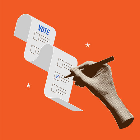 Trendy vintage Collage for 2024 election. Vector banner with halftone hand ticks voting form. Collage for US Election 2024 campaign.のイラスト素材