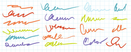 Charcoal pencil curly lines, strokes and squiggles. Scribble brush strokes set. Hand drawn marker scribbles and flourishes. Color pencil sketches. Vector Brush stroke daubs isolated on whiteのイラスト素材