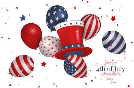 4th of July greeting banner template - Independence Day celebration background with Uncle Sam hat, ornate balloons in colors of American flag and stars. Vector 3d render illustrationのイラスト素材