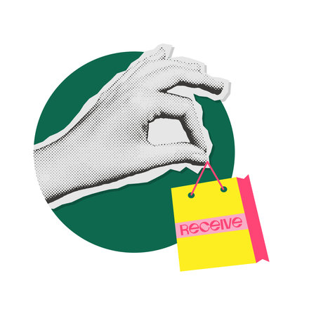 Halftone effect hand paper sticker in 90s vintage collage style. Sale Discount Shopping bag in hand.のイラスト素材