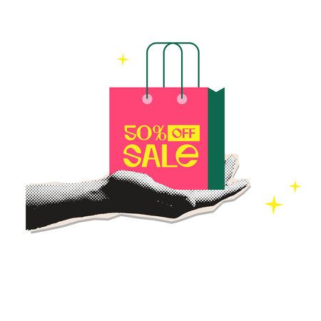 Halftone effect hand paper sticker in 90s vintage collage style. Sale Shopping bag in hand.のイラスト素材