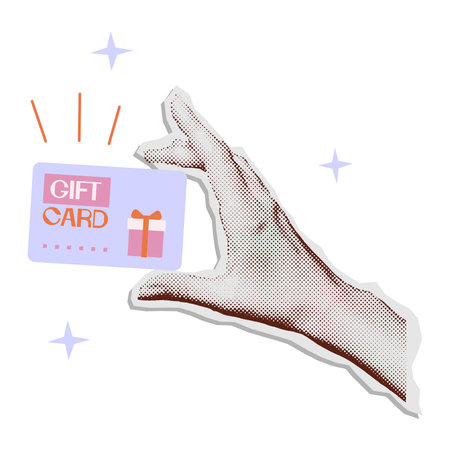 Hand holding gift card. Colorful halftone mixed media style design. Merry Christmas collage paper sticker.のイラスト素材