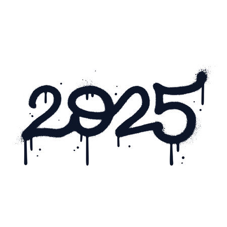 Sprayed 2025 tag font graffiti with overspray in black over white. Grungy new year design element...
