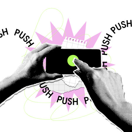 Halftone collage hands holding smartphone with round button on display. Finger pushing the button. Online voting, shopping concept. Torn out paper Vector illustrationのイラスト素材