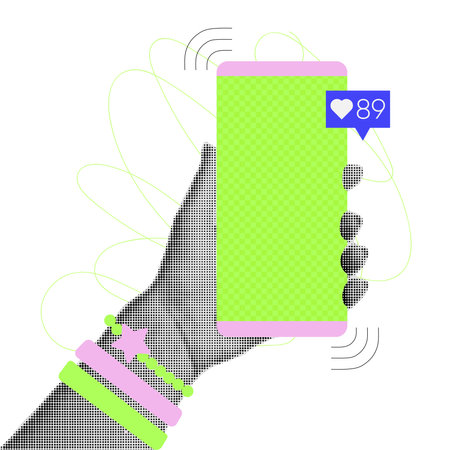 Trendy vintage halftone collage concept of hand holding smartphone. Young blogger view the likes. Viral content on social networks. Creative mixed media image. Vector illustration.のイラスト素材