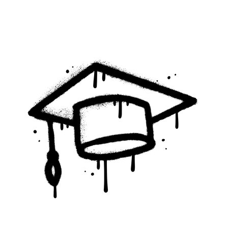 Spray Painted Graffiti Graduation hat. 90s Spray icon isolated on white background. Urban graffiti graduation cap symbol. Vector hand drawn illustration with dips and leaks.のイラスト素材