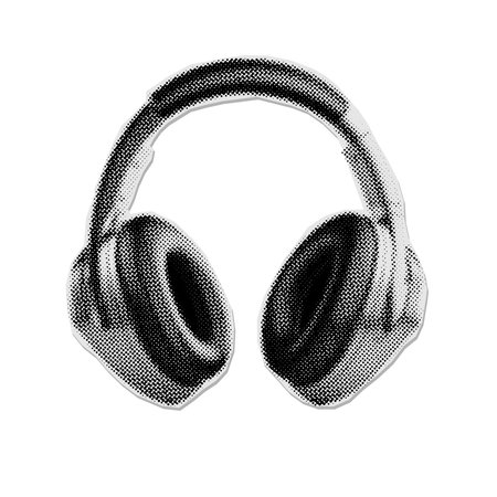 Halftone collage sticker of headphones. Dotted zine texture. Contemporary vintage style. Vector illustrationのイラスト素材