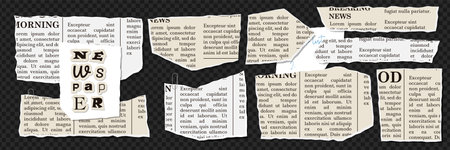 Set of Crumpled torn papers with Jagged edges. Collage. Concept scraps background, newspaper fragments. Trendy vintage design elements. Old news sheets. Vector illustration.のイラスト素材