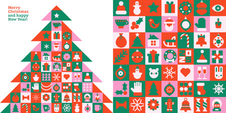 Trendy Christmas geometric pine tree of abstract flat illustration with gifts, characters. Simple vector holiday banner, postcard, poster, backgroundのイラスト素材