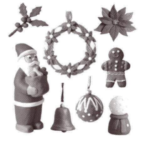 Grunge naive clay Christmas collage elements with vintage dotted halftone texture. Vintage retro graphic set. Vector illustration of holly, santa, bell, gingerbreadのイラスト素材