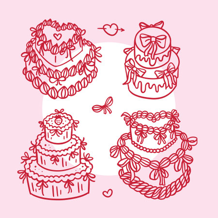 Heart Shape and round Vintage Multi-tiered Cakes set with coquette Bows, Whipped Cream, Ribbons....