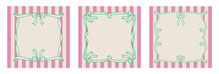 Coquette trendy Frame, Hand Drawn ribbon Borders for Wedding Invitation, Whimsical striped frames for birthday card, Squiggly and Wavy Borders. Minimalist Quirky vector line artのイラスト素材
