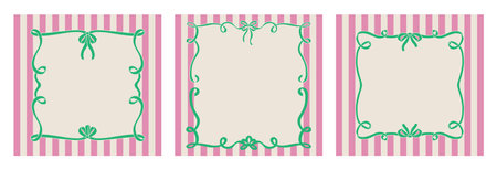 Set of vintage frames with bows and striped background. Vector illustration of heart shaped frames with ribbon bowknots. Coquette greeting card templates.のイラスト素材