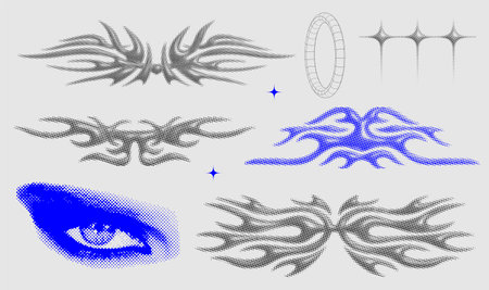 Abstract 3d halftone Neo-tribal shapes collection. Minimal brutal decorative design elements for typography, apparel, tattoo, poster, cover art etc Vector y2k designのイラスト素材