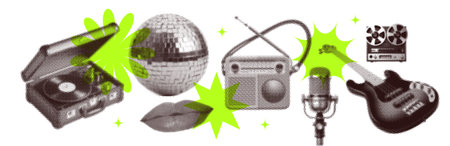 Vintage music collection with retro radio, vinyl player, mike, recorder isolated on transparent background, dotted halftone collage cut-out retro technology disco elements. Vectorのイラスト素材