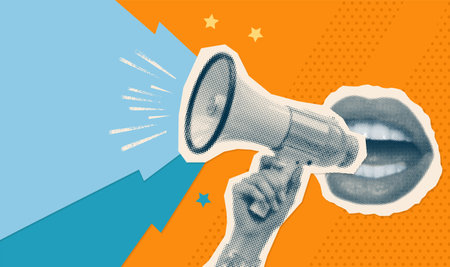 Halftone retro collage with shouting mouth and hand holding loudspeaker. Breaking news concept. Torn out Newspaper clippings and doodles. Contemporary vector illustration.のイラスト素材