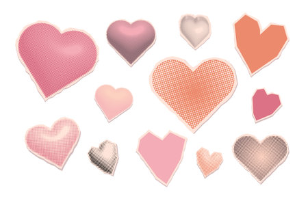 Set of torn out halftone paper hearts. Cut color heart with torn edge. Shape love doodle scrap. Vector illustrationのイラスト素材