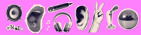 Vintage music collage paper stickers set with audio microphone singing mouth, headphones, mirror...