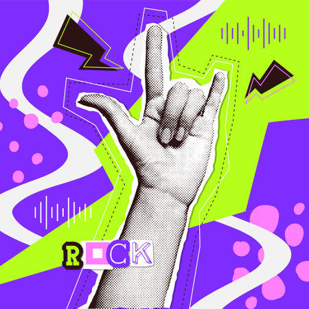 Music collage banner with Halftone effect hand with gesture rock, color sound sign elements. Two fingers up, cool retro techno composition. Visual audio abstract concept on neon background.のイラスト素材