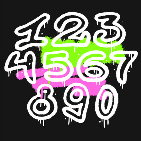 Urban graffiti white spray paint numbers set isolated on black background. Spray Painted Graffiti figures. Vector hand drawn clipartsのイラスト素材