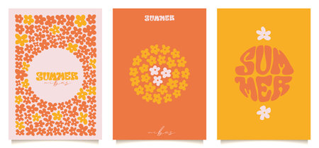 Abstract groovy flower posters set. Trendy botanical wall arts with floral design in summer vintage...