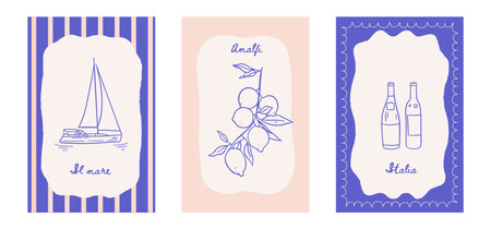 Italian summer vacation posters set in minimal ink hand drawn style. Vector Mediterranean coast sea vibe or beach printable placards. Sea weekend or rest drawings for cafe or restaurant decorのイラスト素材