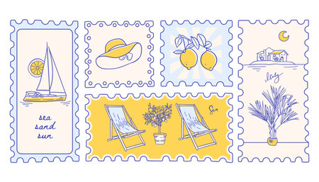 Vintage Italian summer vacation postage stamps set. Hand drawn retro frame or border element design,...