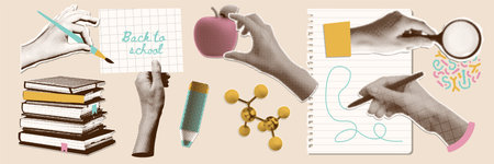 Set of school paper stickers, retro halftone collage elements for media design. Hands holding loupe, apple, painting brush, piece of paper, pen. Vector design on the theme of school, study, universityのイラスト素材