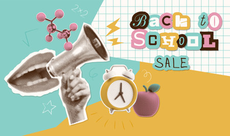 Promo banner template for Back to school sale. Halftone collage with hand and loudspeaker, cut out copy book sheet speech bubble and torn out sticker elements. Retro banner concept. Vectorのイラスト素材
