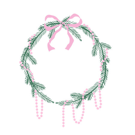 Coquette Christmas wreath made of fir branches decorated with pink beads and ribbon bow. Round xmas frame. Hand drawn vector isolated illustration. Whimsical winter holiday decoration.のイラスト素材