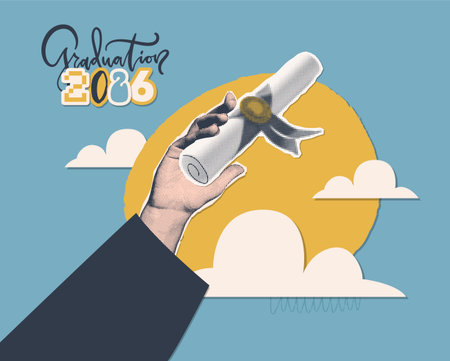 Graduate Halftone composition with student hand holding paper diploma with ribbon, raised up. Education graduation congratulation banner. Celebrate class of 2023, cool vintage vector design.のイラスト素材