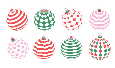 Vintage minimal Christmas balls set for xmas tree decoration. Simple 3d geometric design. Flat vector colorful illustration.のイラスト素材