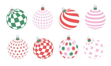 Whimsical minimal Christmas decorative balls for xmas trees, new year concept. Geometric patterns on round balls shapes. Vintage vector illustration.のイラスト素材