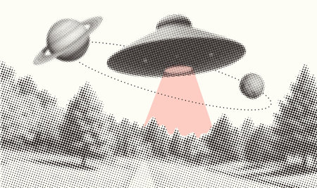 Space minimalistic retro composition. UFO spaceship under forest with planet orbits. Abstract halftone collage Wall Art or tee print. Vintage vector dotted illustration.のイラスト素材
