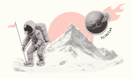 3i-Atlas halftone college banner with Astronaut sticking a flag into a mountainous area and asteroid with tail. Zine culture style. Vector art, fashion vintage collageのイラスト素材