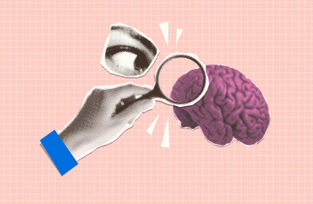 Trendy Halftone Collage - Hand with magnifying glass and brain. Mental problem or analysis, biology...