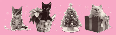 Christmas halftone collage paper cut out stickers set. Funny stickers with cats in Christmas lights, in gift box, in poinsettia pot with xmas tree. Retro vector illustration isolatedのイラスト素材