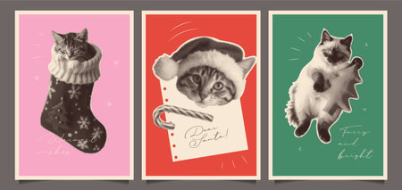 Minimal vintage Merry Christmas posters or cards set. Vector illustration of trendy Halftone collage effect with cats. Perfect vector xmas greeting cover background template design.のイラスト素材