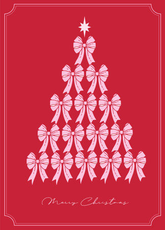 Pink coquette Christmas tree made of elegant bows. Perfect for feminine festive designs, prints, stickers, cards, and trendy girly holiday aesthetic projects. Contour vector illustration.のイラスト素材