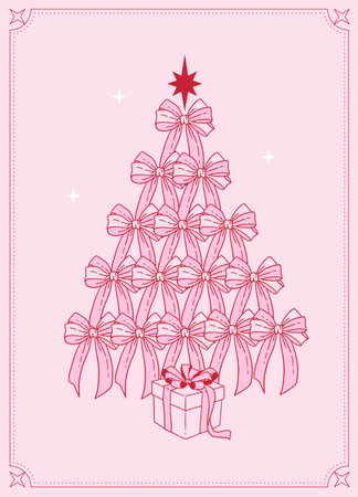 Pink coquette Christmas tree made of bows. Vector contour illustration. Vertical card in vintage style.のイラスト素材
