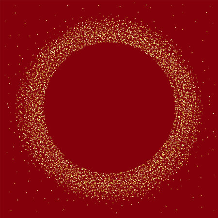 Gold dust circle frame. Splattered golden glitter confetti as a ring, wreath or crown for award bg. Glitz starry sand sprayed in round shape with empty space inside. Overlay vector illustrationのイラスト素材