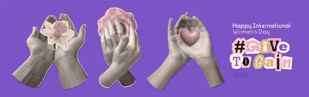 Set of Give to gain halftone collage with cupped woman hands holding flowers and heart. Givetogain...